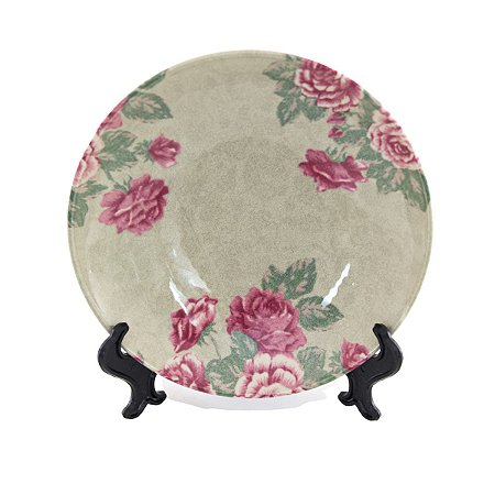 KIT 2 PRATOS FUNDOS LINHA ROSE GARDEN EM CERAMICA BEGE E ROSA 21,3 CM MESA POSTA