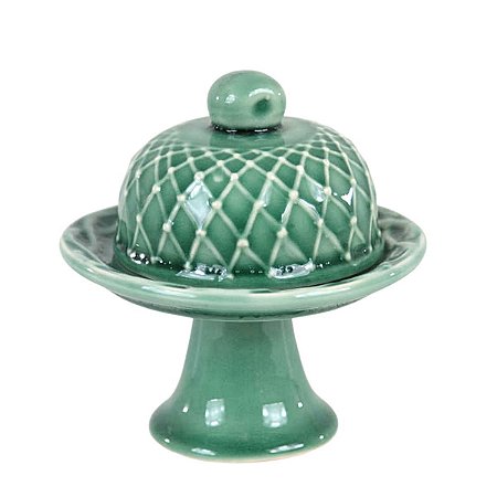 MINI PORTA PETIT FOUR COM TAMPA EM CERÂMICA VERDE LALA 12 CM MESA POSTA