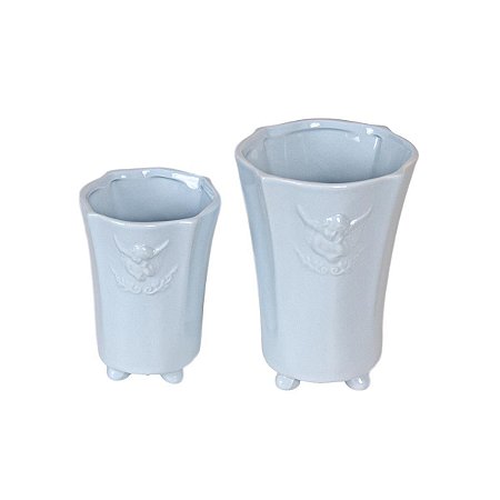 CONJUNTO DE VASOS DECORATIVOS CERAMICA AZUL 2 PEÇAS ANJO DECORAÇÃO E BATIZADO