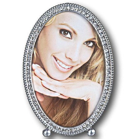 PORTA RETRATO DE METAL OVAL COM STRASS 16 X 11 X 1 CM PARA FOTOS 10 X 15 CM