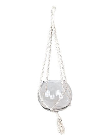 CACHEPOT SUSPENSO DE VIDRO TRANSPARENTE COM CORDAS EM MACRAMÊ 17 X 14 X 18 CM DECORAÇÃO E ARRANJOS