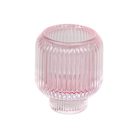 PORTA VELAS REDONDO DE VIDRO FRISADO ROSA 8,5 X 6,5 CM DECORAÇÃO MESA POSTA