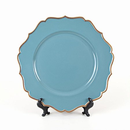 KIT 2 SOUSPLATS REDONDOS EM POLIPROPILENO AZUL COM BORDAS DOURADAS 33 CM MESA POSTA