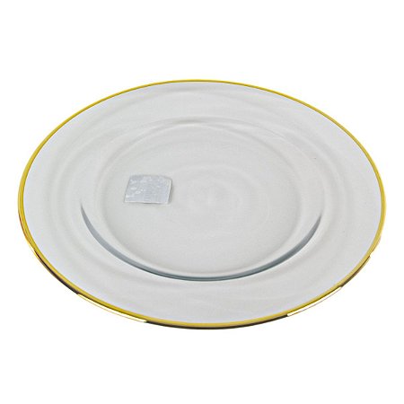 KIT 2 SOUSPLATS REDONDOS DE VIDRO TRANSPARENTE COM BORDA DOURADA 33 CM MESA POSTA