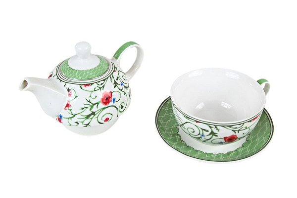 JOGO DE CHÁ INDIVIDUAL EM CERAMICA BRANCA ESTAMPA FLORES E FRUTOS 450 ML RELAX BEM ESTAR