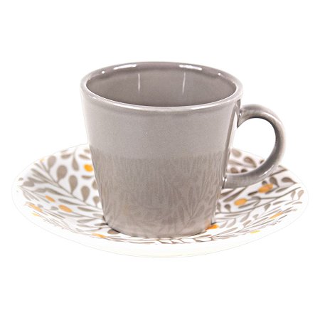 KIT 2 XÍCARAS DE CHÁ LINHA GARDEN EM CERÂMICA BEGE COM PIRES ESTAMPADO 200 ML MESA POSTA CHÁ E CAFÉ
