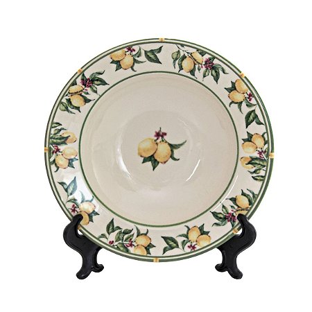 KIT 2 PRATOS FUNDOS LINHA MONACO LIMONE EM CERAMICA BRANCA ESTAMPA LIMÕES 22 CM MESA POSTA