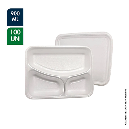 EMBALAGEM DE ISOPOR (BANDEJA C/ TAMPA) 3 DIVISÓRIAS 900ML – PCT C/ 100UN