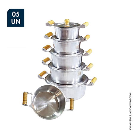 JOGO DE PANELAS DE ALUMÍNIO BATIDO COM CABO DE MADEIRA 5 PEÇAS