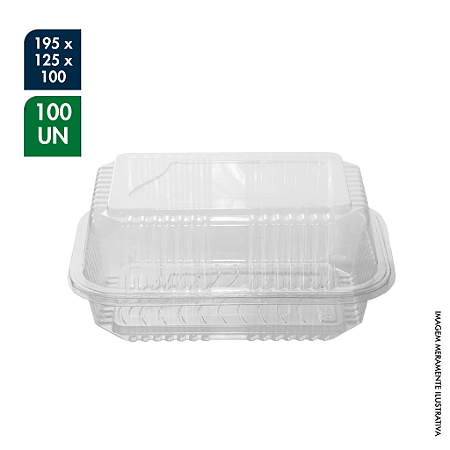 EMBALAGEM RETANGULAR PET CRISTAL 195 x 125 x 100MM COM TAMPA ARTICULADA CX C/ 100UN