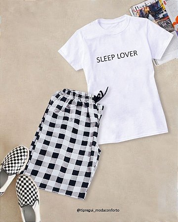 Pijama Feminino - Xadrez Preto e Camiseta Baby Look - Ti Pregui - Moda  Conforto