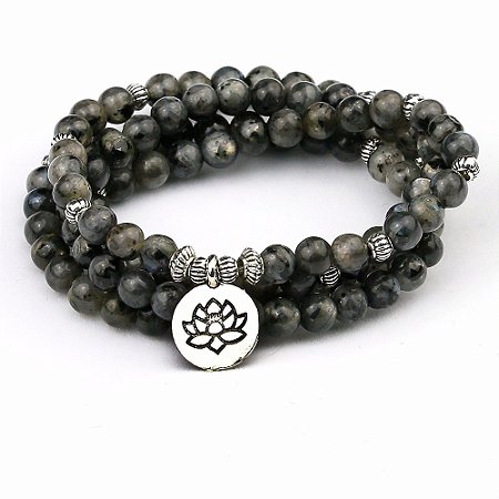 Japamala BRACELETE LABRADORITA 108 contas de 6mm com FLOR DE LÓTUS