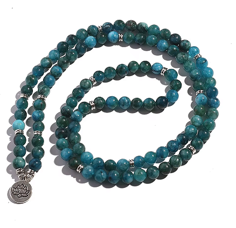 Japamala BRACELETE APATITA AZUL 108 contas de 8mm com FLOR DE LÓTUS