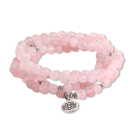 Japamala BRACELETE QUARTZO ROSA 108 contas de 8mm com Flor de Lótus