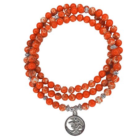 Japamala BRACELETE Calcita Laranja 108 contas de 6mm com simbolo OM - Equilibra as emoções e acalma os medos