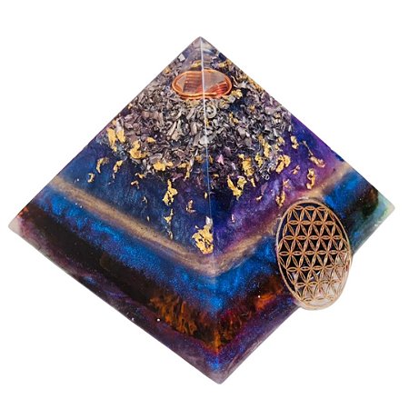 ORGONITE QUARTZO LEMURIANO, PÓ DE QUARTZO FUME E FLOR DA VIDA - BASE 13CM X ALTURA 12CM