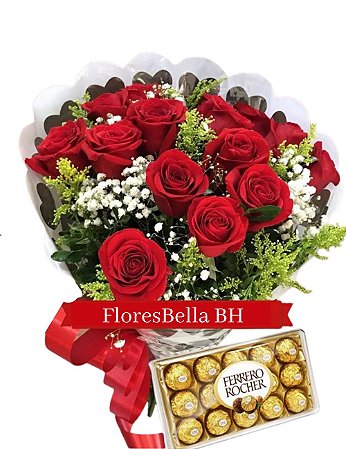 Buquê com 12 Rosas Vermelhas e Caixa de Ferrero Rocher 12 unidades BH