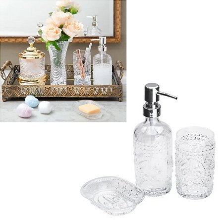 CJ 3PC P/BANHEIRO DE VIDRO FLOR DE LIS TRANSPARENTE