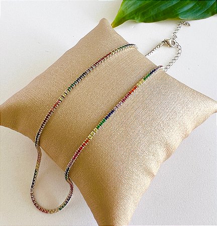 Colar Choker Riviera Rainbow com Banho de Ródio
