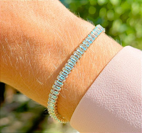 Pulseira Azul Riviera Baguete/Semijoia Ouro