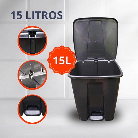 Lixeira de Pedal 15 Litros Preta