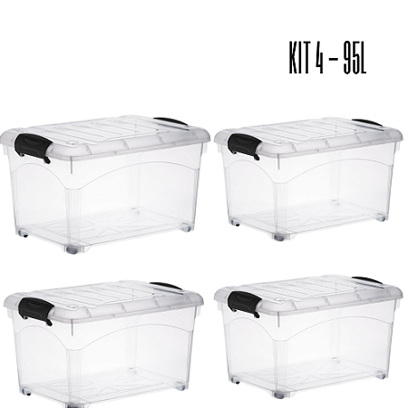 Kit 04 Caixas Organizadora Container 95 Litros Transparente