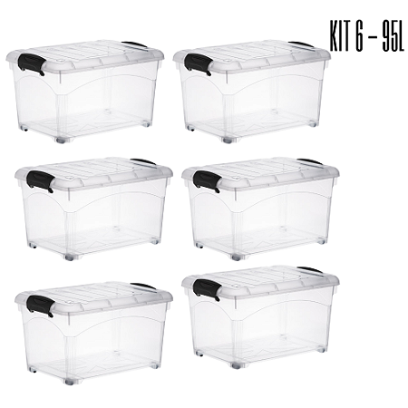 Kit 06 Caixas Organizadora Container 95 Litros Transparente
