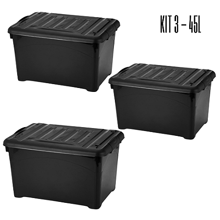 Kit 03 Caixas Organizadora Container 45 Litros Black
