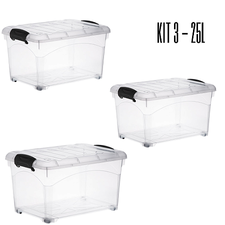 Kit 03 Caixas Organizadora Container 25 Litros Transparente