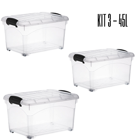 Kit 03 Caixas Organizadora Container 45 Litros Transparente