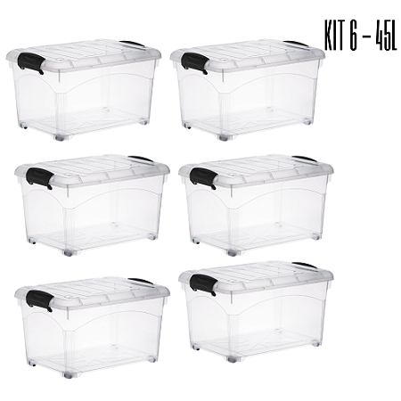 Kit 06 Caixas Organizadora Container 45 Litros Transparente