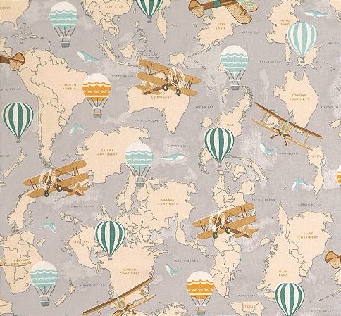 Tecido Tricoline Mapa, Aviões e Balões - Tecidos Dohler - 50 x 150 cm