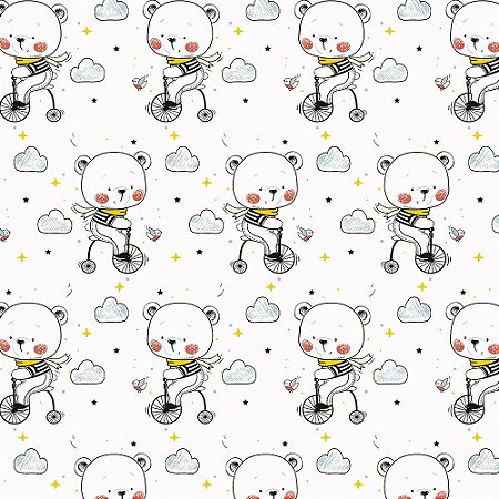 Tecido Tricoline Ursinho Pedalando - Fabricart - 50 x 150 cm