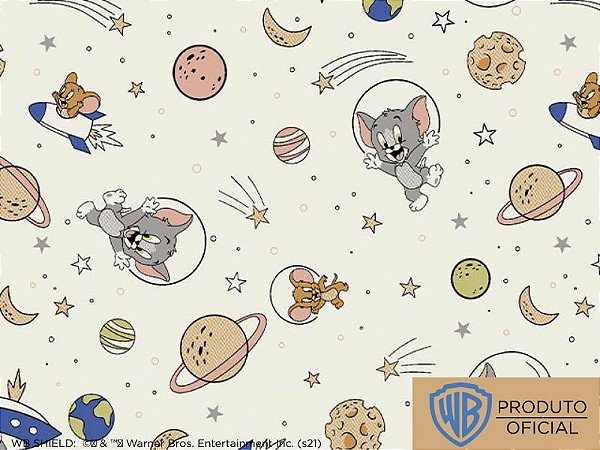 Tecido Tricoline TOM & JERRY ESPACIAL FUNDO OFF WHITE - Ibirapuera - 50 x 150 cm