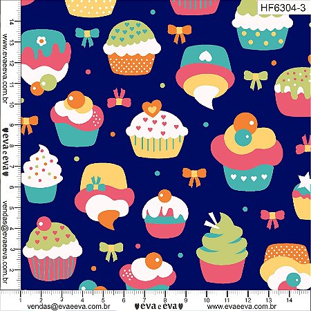 Tecido Tricoline Cupcake Fundo Marinho HF6304-3 - Eva e Eva - 50 x 150 cm
