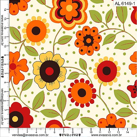 Tecido Tricoline Flores Alegria AL6149-1 - Eva e Eva - 50 x 150 cm