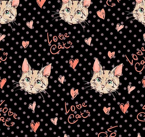 Tecido Tricoline Estampa Digital - Love Cats - Peripan - 50 x 150 cm