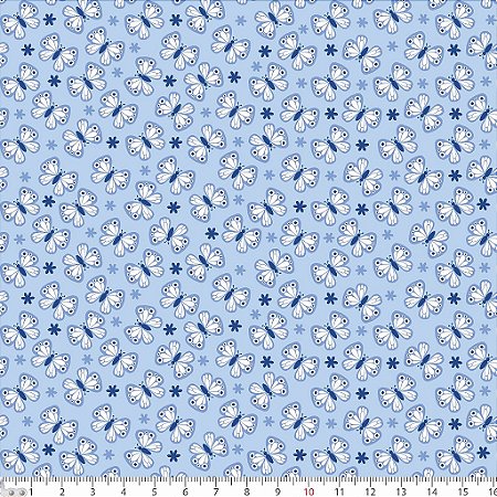 Tecido Tricoline Mini Borboletas Fundo Azul - Peripan - 50 x 150 cm