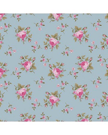 Tecido Tricoline Floral Angel Fundo Azul Vintage - Tecidos Caldeira - 50 x 150 cm