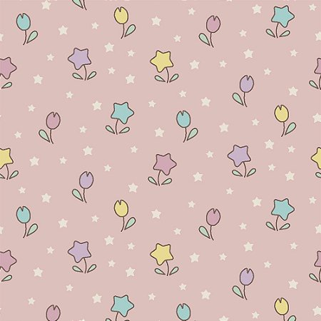 Tecido Tricoline Flor Estrelinha Kawaii Rosa - Fabricart - 50 x 150 cm