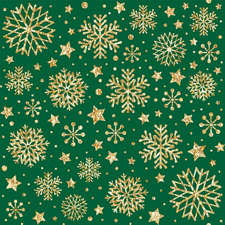Tecido Tricoline Flocos de Neve Dourado Fundo Verde - (Natal) -Peripan - 50 x 150 cm