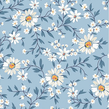 Tecido Tricoline Margarida fundo Azul - Peripan - 50 x 150 cm