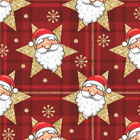 Tecido Tricoline Papai Noel e Estrela fundo Vermelho (Natal) - Peripan - 50 x 150 cm