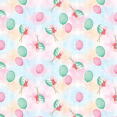 Tecido Tricoline Estampa Digital - Algodão Doce e Balões - Peripan - 50 x 150 cm