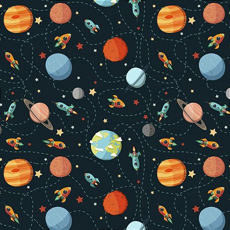 Tecido Tricoline Estampa Digital - Viagem Espacial - Espaço - Peripan - 50 x 150 cm