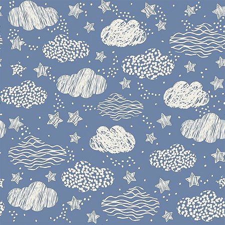 Tecido Tricoline Nuvens e Estrelas Rabisco Bege Fundo Azul Antigo - Peripan - 50 x 150 cm