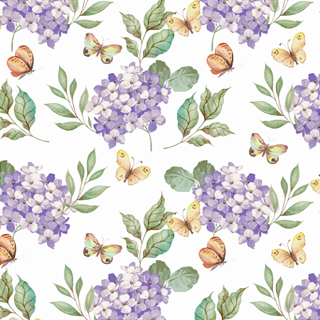 Tecido Tricoline Floral Hortênsia Lilás e Borboletas - Peripan - 50 x 150 cm