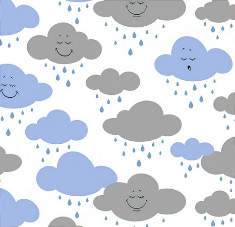Tecido Tricoline Nuvens Chuva de Amor Azul e Cinza - Tecidos Caldeira - 50 x 150 cm