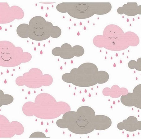Tecido Tricoline Nuvens Chuva de Amor Rosa e Cinza - Tecidos Caldeira - 50 x 150 cm