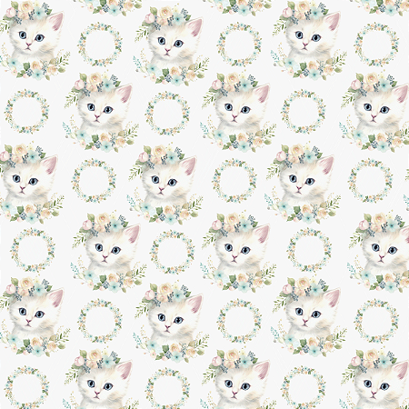 Tecido Tricoline Estampa Digital Gatinhas e Flores - Coleção Doce Infância - Peripan - 50 x 150 cm